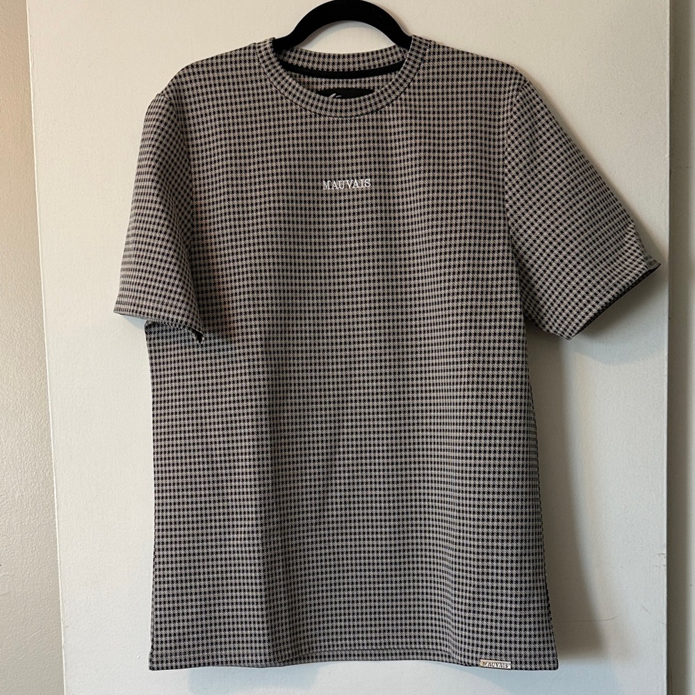 Mauvais tan and black houndstooth tshirt with white stitched logo